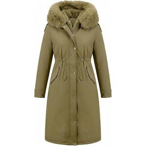 Women's Winter Warm Long Overcoat Hooded Puffer Jacket Olive Green Fur Collar